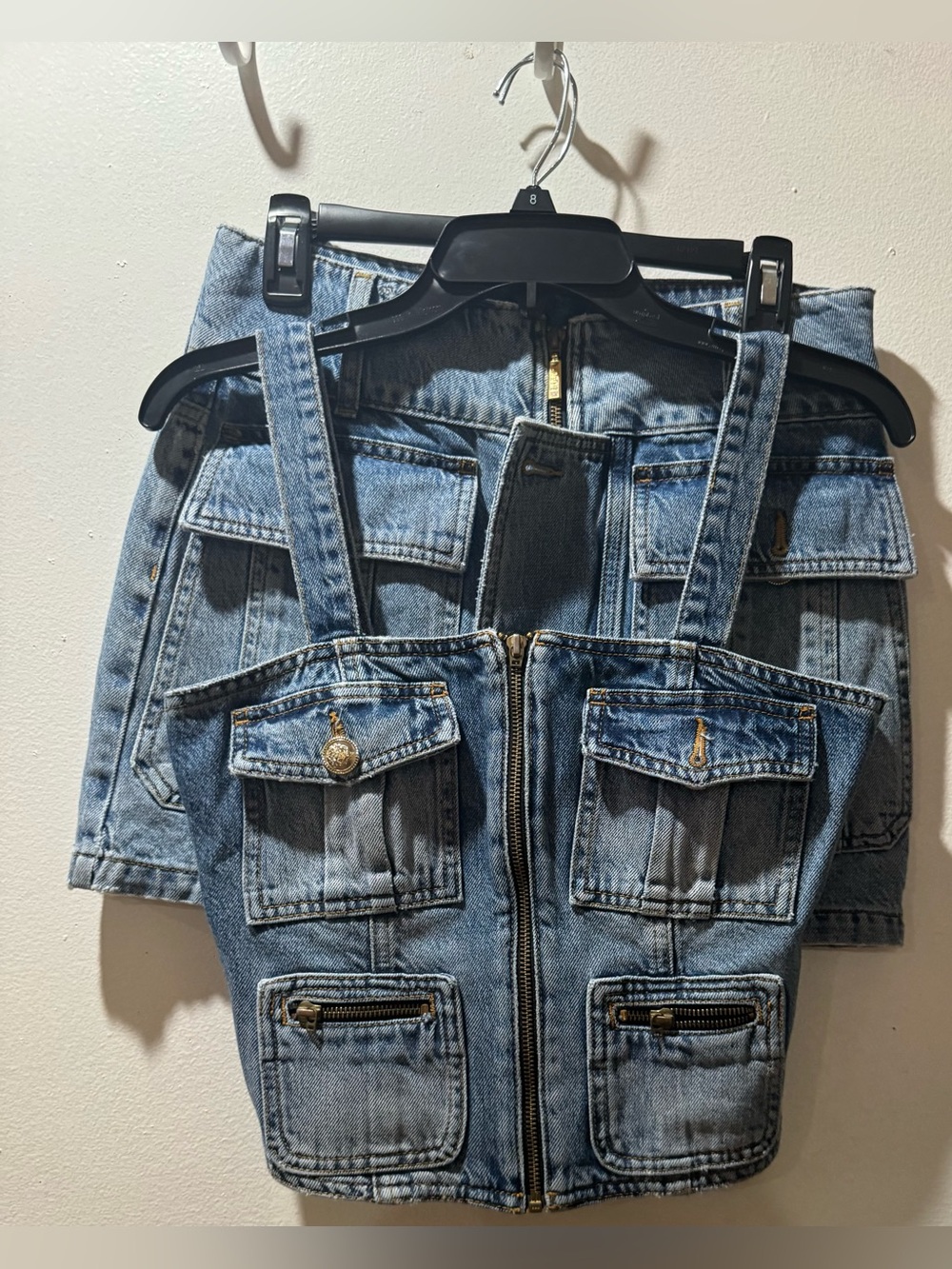 Liu Jo Blue Denim Zip-Front Crop Top with and mini skirt with Utility Pockets